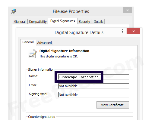 Screenshot of the Lunascape Corporation certificate